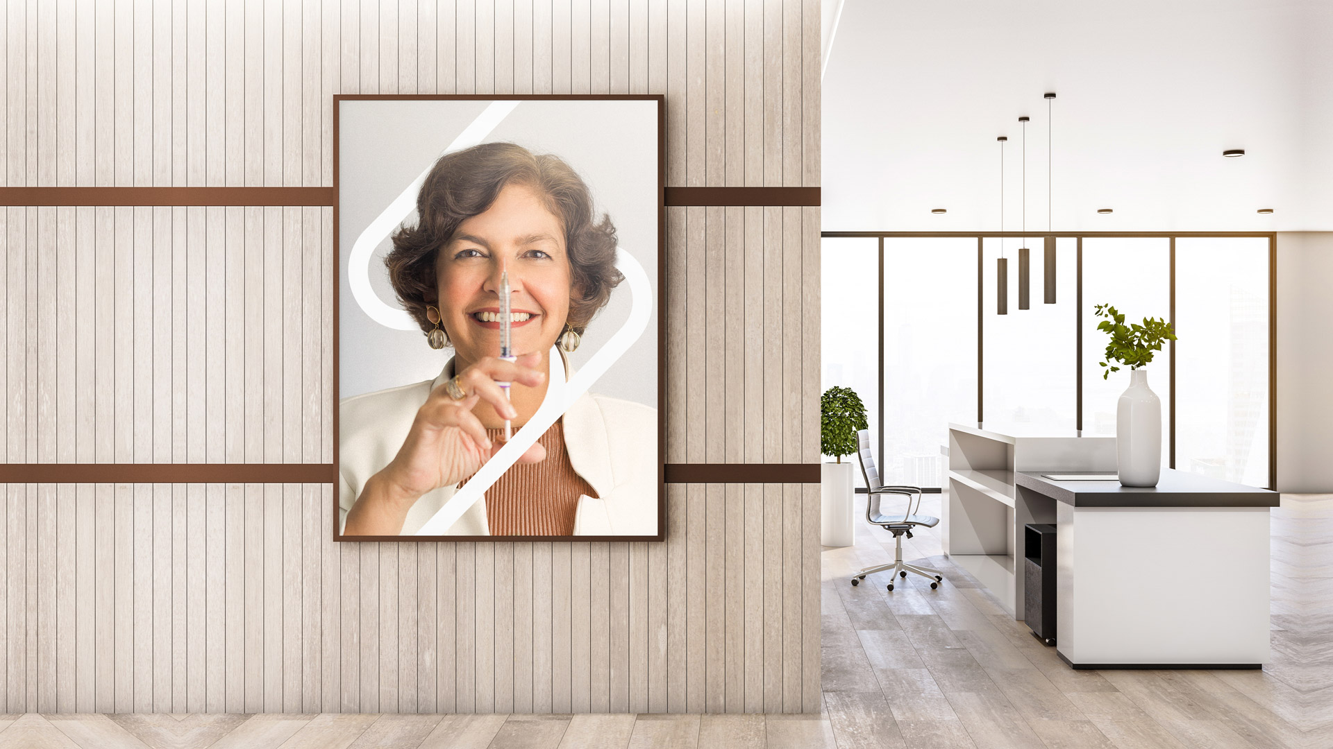 Blank white poster in black frame on wooden wall in modern eco s